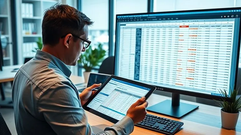 A photorealistic image of a person meticulously cross-referencing digital financial statements on a tablet with a comprehensive SaaS inventory spreadsheet on a large monitor. The scene is set in a modern, organized office, professional photography, 8K, cinematic lighting, sharp focus on the screens and person, depth of field, shot on a high-end DSLR.