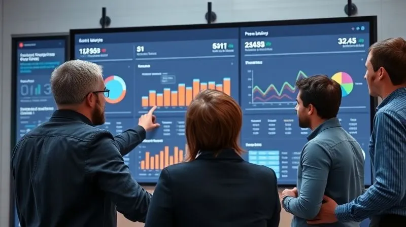 A photorealistic image of a team collaborating around a large digital dashboard, analyzing SaaS usage data and financial reports. One team member points to a discrepancy on the screen. The scene conveys active problem-solving and collaboration. Professional photography, 8K, cinematic lighting, sharp focus on the team and screen, depth of field, shot on a high-end DSLR.