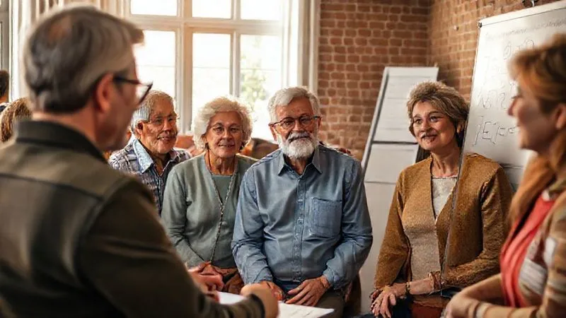 A photorealistic, professional photography, 8K, cinematic lighting, sharp focus, depth of field, shot on a high-end DSLR. Image of a diverse group of individuals, including seniors and younger adults, actively participating in a financial literacy workshop, looking engaged and empowered. A financial advisor is using a whiteboard with simple diagrams and charts. The atmosphere is bright and encouraging.
