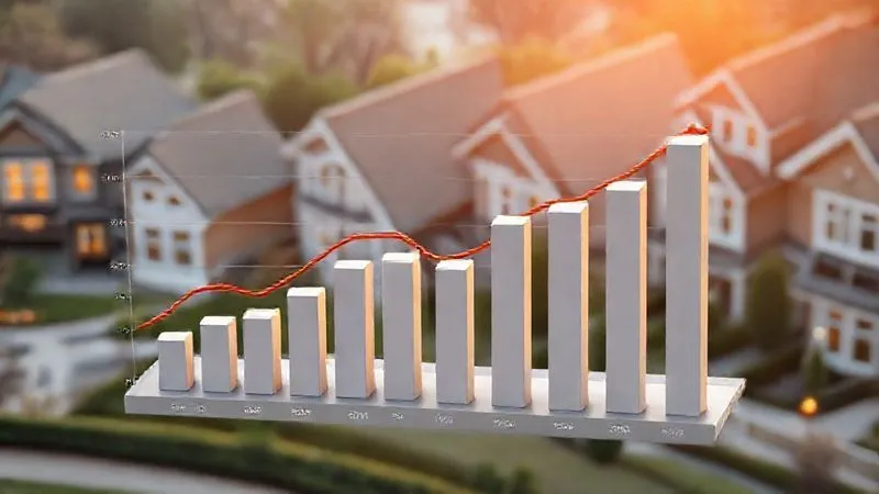 A photorealistic 3D bar chart showing luxury real estate market absorption rates over time, with a clear downward trend during a specific period, set against a backdrop of a high-end residential neighborhood. Cinematic lighting highlights key data points, 8K, sharp focus, depth of field, shot on a high-end DSLR.