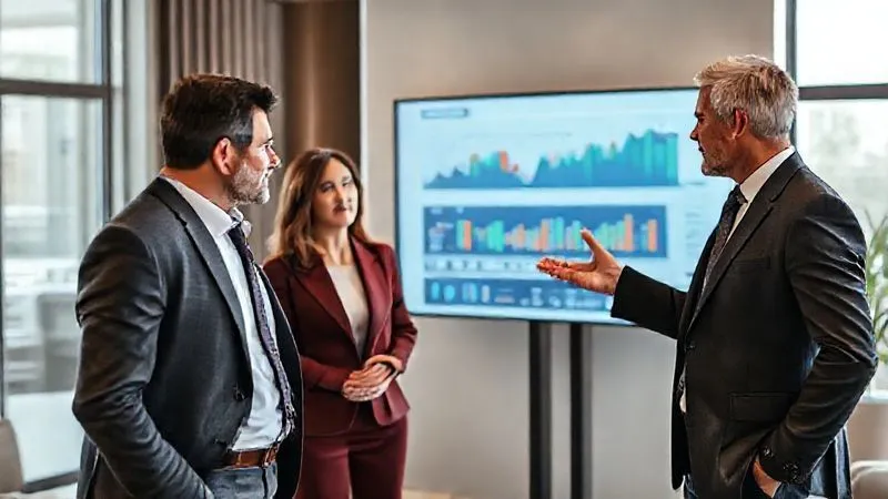 A photorealistic image of a seasoned real estate agent, dressed in a sharp suit, confidently gesturing towards a complex market analysis chart on a large screen, while a sophisticated couple listens intently in a modern, luxurious office setting. The scene emphasizes trust and expert guidance, 8K, sharp focus, depth of field, shot on a high-end DSLR.