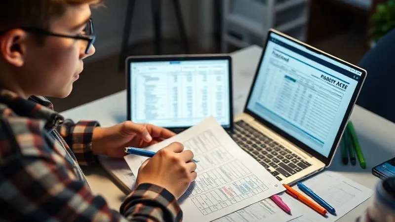 A photorealistic image of a student meticulously organizing financial documents and a laptop displaying a spreadsheet, with a focused expression, surrounded by pens and highlighters. Cinematic lighting, sharp focus, depth of field, 8K hyper-detailed, professional photography.