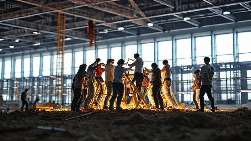 A photorealistic image of a diverse group of people collaboratively building a strong, illuminated foundation for a large, modern structure, representing pre-launch community building and strategy. Professional photography, 8K, cinematic lighting, sharp focus on the construction, depth of field, shot on a high-end DSLR.