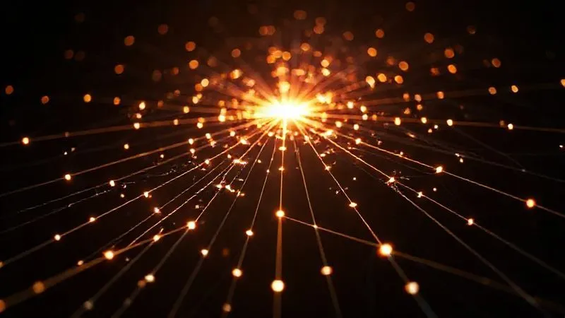 A photorealistic, professional photography image showing a network of glowing interconnected lines spreading out from a central point, symbolizing PR and influencer reach, against a dark, futuristic background. 8K, cinematic lighting, sharp focus, depth of field, shot on a high-end DSLR.