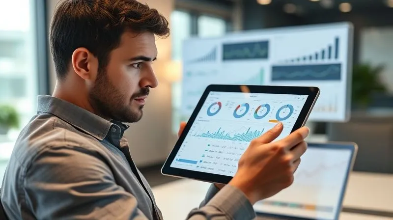 A photorealistic, professional photography, 8K, cinematic lighting, sharp focus, depth of field, shot on a high-end DSLR, depicting a person meticulously analyzing a complex financial dashboard on a tablet, surrounded by charts and graphs, with a calm, determined expression. The background is a modern, minimalist office space.