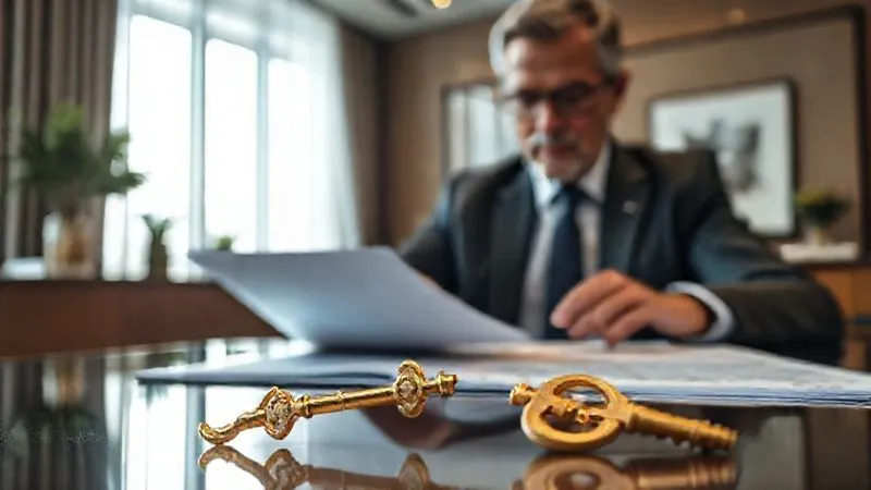 photorealistic, professional photography, 8K, cinematic lighting, sharp focus, depth of field, shot on a high-end DSLR. A wise, experienced professional (male or female, diverse ethnicity) in a modern, elegant office, calmly reviewing complex legal documents and financial statements. A subtle, intricate golden key rests on the desk, symbolizing unlocking secure financial futures. The lighting is soft and professional, highlighting their focused expression.