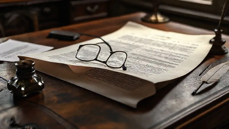 photorealistic, professional photography, 8K, cinematic lighting, sharp focus, depth of field, shot on a high-end DSLR. A complex, intricate legal document, partially unrolled on an antique wooden desk, with a pair of reading glasses resting on it. The document features detailed clauses and signatures, symbolizing the complexity and importance of legal drafting. A vintage inkwell and quill are nearby, adding to the sense of historical weight and careful consideration. The lighting is soft and contemplative.