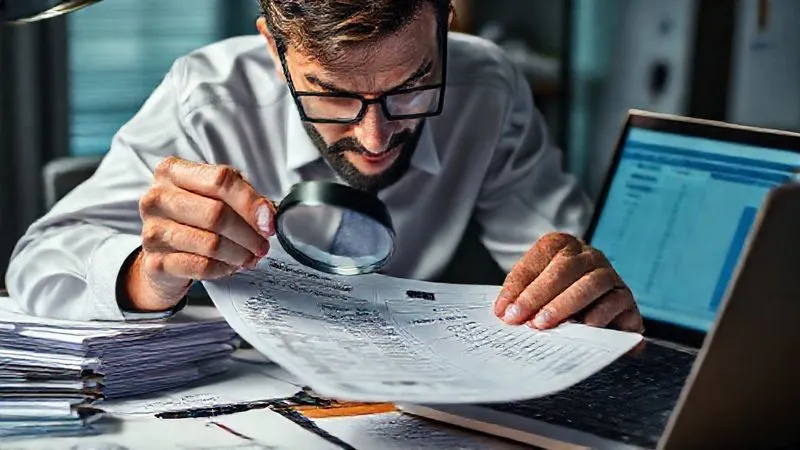 A photorealistic, professional photography, 8K, cinematic lighting, sharp focus, depth of field, shot on a high-end DSLR, of a professional individual (perhaps an accountant or a manager) meticulously examining a complex medical bill with a magnifying glass, surrounded by stacks of documents and a laptop showing an insurance EOB. The scene conveys intense focus and diligence.