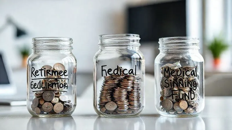 A photorealistic, professional photography, 8K, cinematic lighting, sharp focus, depth of field, shot on a high-end DSLR, of a series of transparent glass jars, each labeled with a financial goal like 'Retirement', 'Education', and 'Medical Sinking Fund', with neatly stacked coins and bills inside, illustrating organized and targeted savings. The background is a clean, modern home office setting.