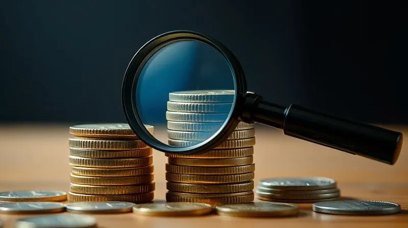 A photorealistic image of a stack of coins with a magnifying glass hovering over them, suggesting careful financial scrutiny. The lighting is bright and professional, professional photography, 8K, cinematic lighting, sharp focus, shallow depth of field, shot on a high-end DSLR.