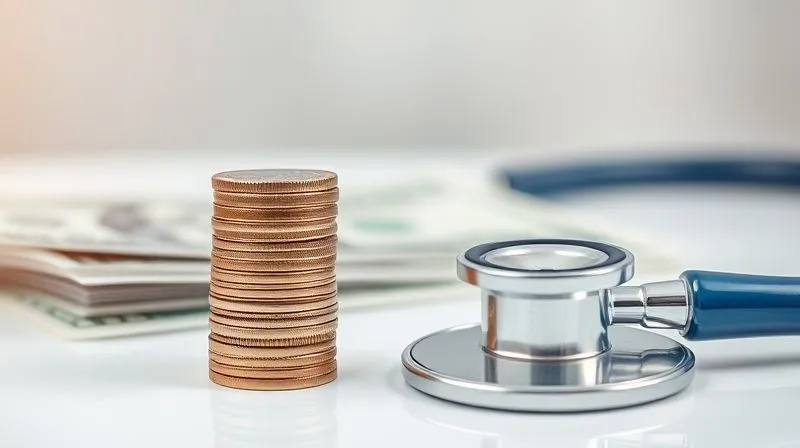 A photorealistic image of a stack of coins and dollar bills next to a medical stethoscope, symbolizing healthcare savings, in a clean, professional setting with soft lighting, sharp focus.