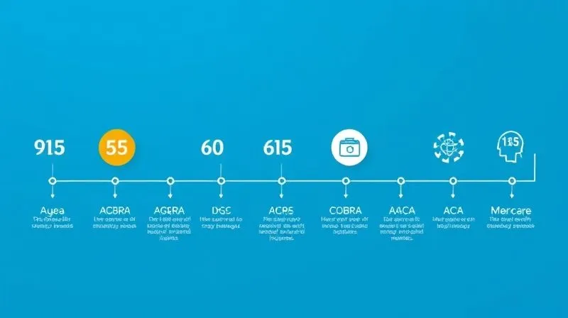 A photorealistic infographic showing a timeline with key ages (e.g., 55, 60, 65) and different health insurance options (COBRA, ACA, Medicare) represented by distinct icons, with arrows indicating transitions, professional and clean design, 8K, sharp focus.