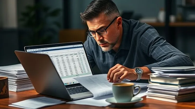 photorealistic, professional photography, 8K, cinematic lighting, sharp focus, depth of field, shot on a high-end DSLR. A business owner, looking stressed but determined, meticulously reviewing a complex financial spreadsheet on a laptop, surrounded by stacks of financial documents and a strong cup of coffee. The lighting emphasizes the detailed work and the gravity of the situation.