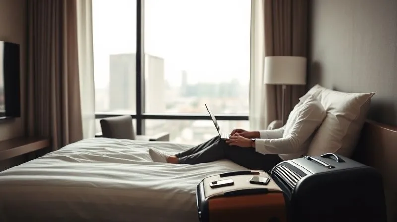 A photorealistic, professional photography, 8K, cinematic lighting, sharp focus, depth of field. A professional traveler working efficiently on a laptop in a modern, minimalist hotel room, a sleek carry-on suitcase partially open next to the bed, a charging smartphone, and a sense of calm productivity amidst urgent travel. A large window shows a blurred city skyline.