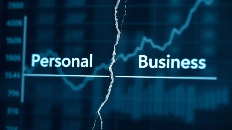 A photorealistic image of a transparent financial graph showing a blurred line between 'Personal' and 'Business' sections, with a single, clear crack running through both. Cinematic lighting, sharp focus on the crack, depth of field, 8K hyper-detailed, professional photography, shot on a high-end DSLR.