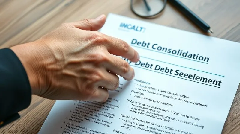 A photorealistic image of two hands, one clearly professional, shaking over a neatly organized financial document that shows 'Debt Consolidation' and 'Debt Settlement' options. Cinematic lighting, sharp focus on the handshake and document, depth of field, 8K hyper-detailed, professional photography, shot on a high-end DSLR.