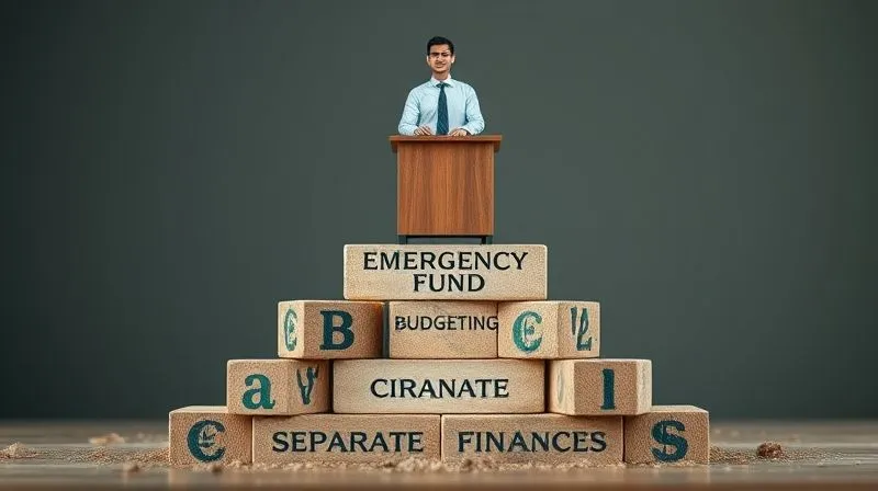 A photorealistic image of a sturdy, well-constructed financial foundation made of interlocking blocks, with 'Emergency Fund,' 'Budgeting,' and 'Separate Finances' clearly visible on the blocks. Above it, a professional office stands strong. Cinematic lighting, sharp focus on the foundation, depth of field, 8K hyper-detailed, professional photography, shot on a high-end DSLR.