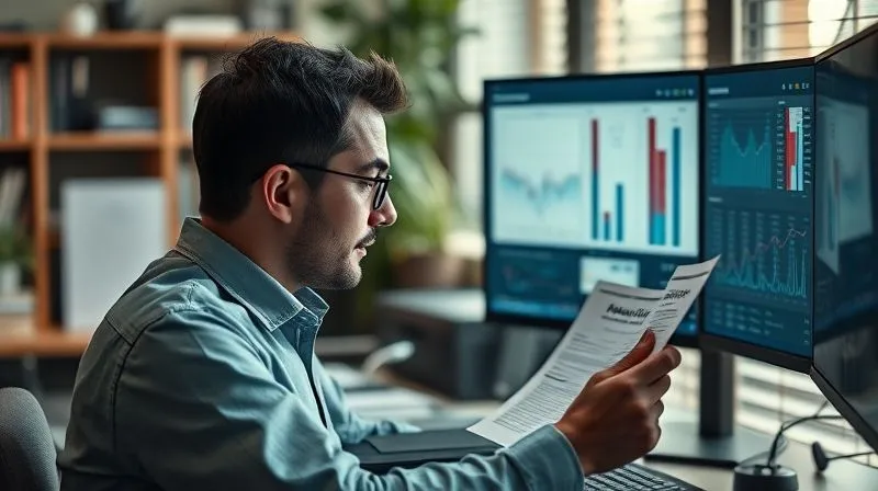 A photorealistic image of a financial analyst meticulously cross-referencing digital ledgers and bank statements on two large monitors, soft natural light, sharp focus on the data, depth of field subtly blurring office equipment. 8K, shot on a high-end DSLR.