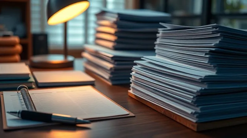 A photorealistic image of a neatly organized desk with a ledger, a pen, and several stacks of documents clearly labeled, suggesting meticulous record-keeping. Warm, inviting cinematic lighting, sharp focus on the documents, depth of field. 8K hyper-detailed, professional photography.