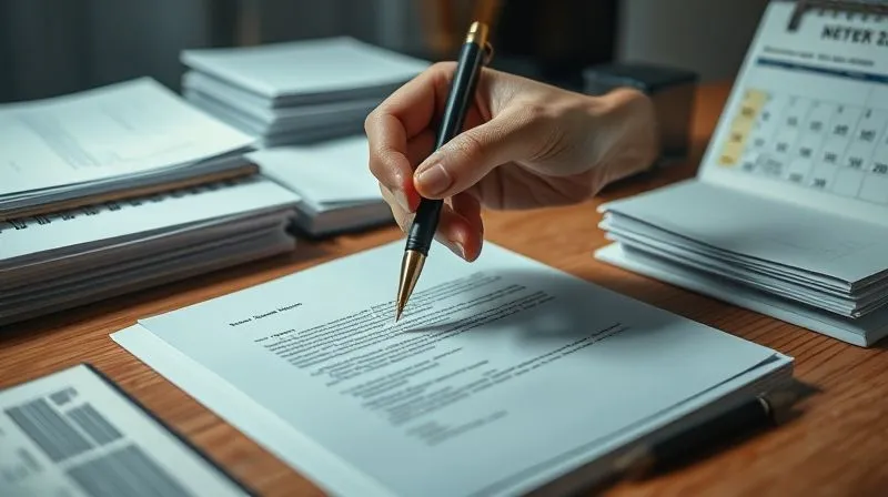 photorealistic, professional photography, 8K, cinematic lighting, sharp focus, depth of field, shot on a high-end DSLR. A hand holds a pen, poised over a formal letter on a desk, surrounded by neatly organized stacks of official documents, bills, and a calendar with highlighted dates. The lighting is focused and professional, suggesting diligence and importance. The scene conveys the serious task of preparing critical paperwork.