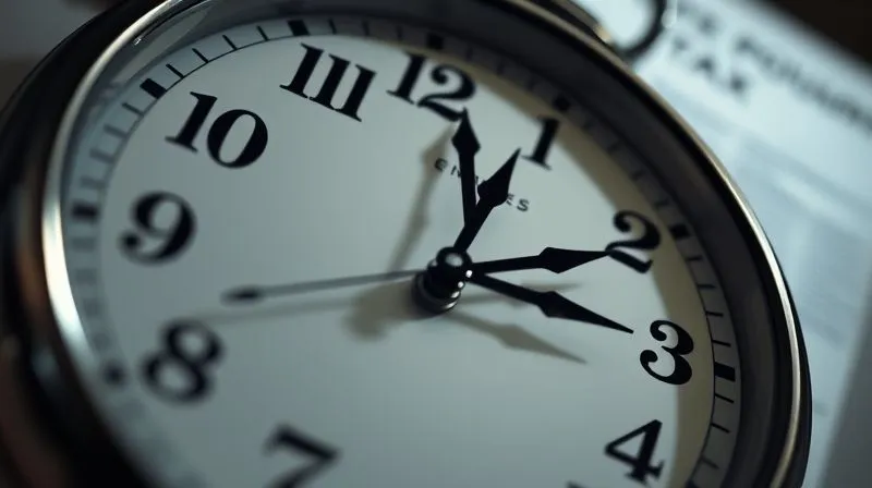 A photorealistic image of a clock face where the hands are blurred, indicating rapid movement, with tax documents subtly visible in the background. The lighting is dramatic, emphasizing the urgency of time. 8K, cinematic lighting, sharp focus on the clock, depth of field blurring the background, shot on a high-end DSLR.