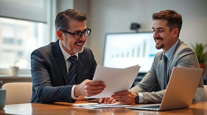 A photorealistic image of a tax advisor (professional, friendly, mid-career) explaining a document to a client (attentive, slightly relieved) at a modern office desk. A laptop screen shows a financial chart in the background. The scene is well-lit with soft, professional lighting. 8K, cinematic lighting, sharp focus on the advisor and client, depth of field blurring the background, shot on a high-end DSLR.