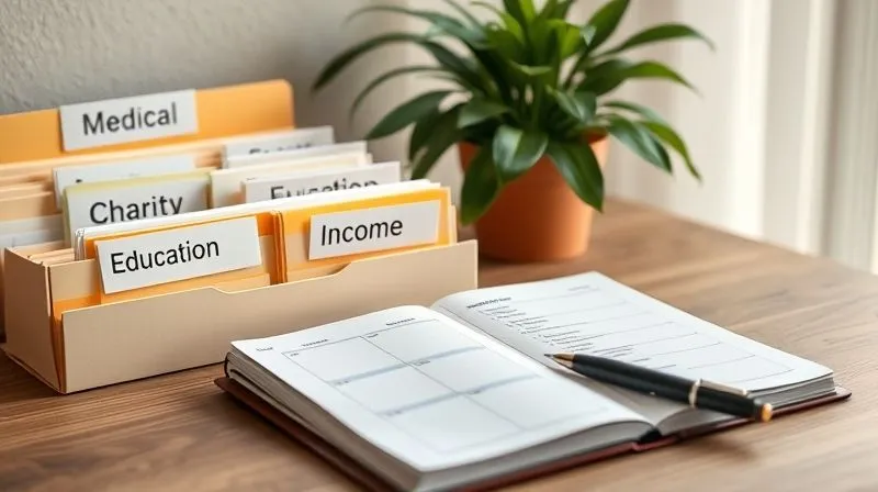 A photorealistic image of a neatly organized desk with labeled folders for 'Medical', 'Charity', 'Education', and 'Income'. A planner is open to a tax-related schedule, and a pen rests beside it. The scene has soft, natural light, conveying order and preparedness. 8K, cinematic lighting, sharp focus on the folders, depth of field blurring a plant in the background, shot on a high-end DSLR.