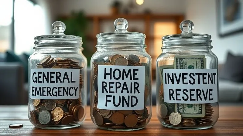 A photorealistic image of three distinct glass jars, clearly labeled 'General Emergency', 'Home Repair Fund', and 'Investment Reserve', with coins and bills neatly organized inside each. Cinematic lighting, sharp focus on the labels, depth of field blurring a background of a modern home, 8K hyper-detailed, professional photography, shot on a high-end DSLR.