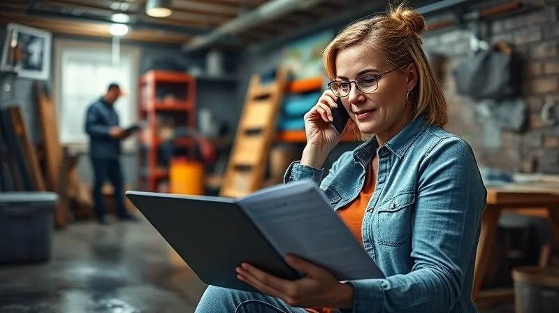 A photorealistic image depicting a woman (Sarah) calmly reviewing documents and making a call on her phone in a slightly damp but organized basement, with professional repair workers in the background. She has a laptop open with a spreadsheet. Cinematic lighting, sharp focus on Sarah's calm demeanor and the documents, depth of field blurring the workers, 8K hyper-detailed, professional photography, shot on a high-end DSLR.