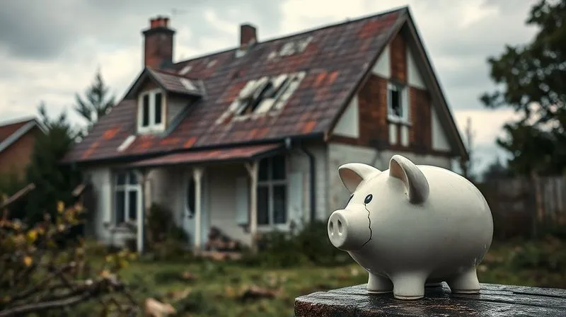 A photorealistic image of a dilapidated house with a visibly leaking roof and overgrown garden, contrasting sharply with a small, neglected piggy bank with a crack in it. The scene evokes a sense of neglect and financial unpreparedness. Cinematic lighting, sharp focus on the house and piggy bank, depth of field blurring the distant sky, 8K hyper-detailed, professional photography, shot on a high-end DSLR.