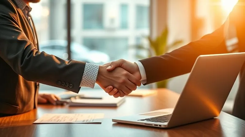 A photorealistic image of a business owner shaking hands with a professional tax advisor in a modern office setting, a laptop open on the desk displaying tax forms, warm and inviting cinematic lighting, sharp focus on the handshake, depth of field blurring the background, 8K, professional photography, conveying trust and relief.
