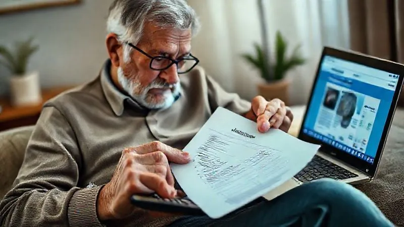 photorealistic, professional photography, 8K, cinematic lighting, sharp focus, depth of field, shot on a high-end DSLR. A person in their late 50s thoughtfully reviewing a complex medical bill and a simpler, clear document detailing health insurance options, with a calculator and a laptop showing healthcare.gov. The scene conveys a sense of relief and understanding as they navigate options.