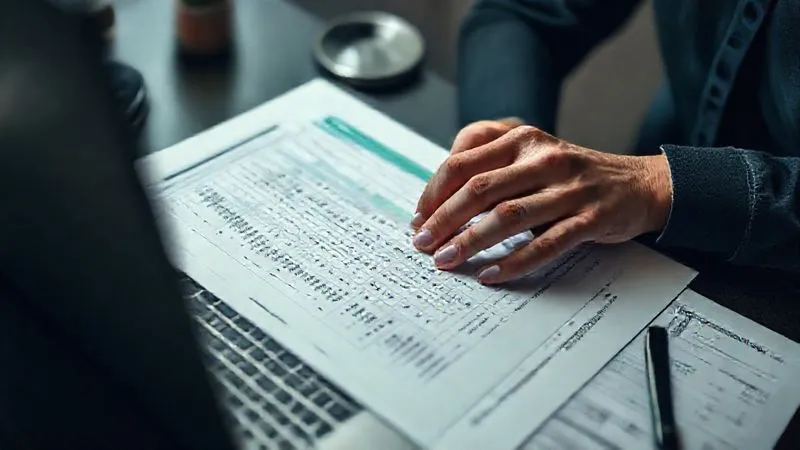 photorealistic, professional photography, 8K, cinematic lighting, sharp focus, depth of field, shot on a high-end DSLR. A person's hands meticulously organizing a detailed personal budget spreadsheet on a laptop, with a pen and financial statements nearby. The scene is calm, focused, and conveys a sense of control over finances.