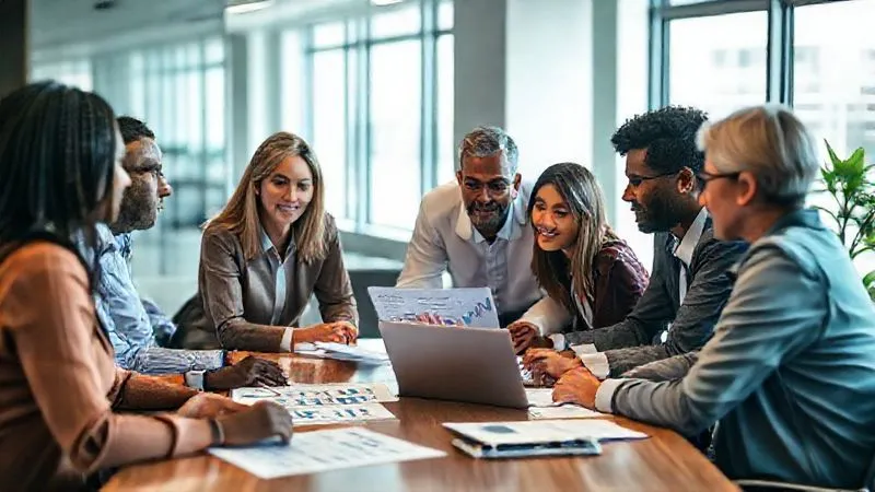 photorealistic, professional photography, 8K, cinematic lighting, sharp focus, depth of field, shot on a high-end DSLR. A diverse group of people, appearing to be clients and a financial advisor, gathered around a table in a modern office, reviewing financial documents and charts on a laptop. The atmosphere is collaborative and professional, conveying trust and expertise.