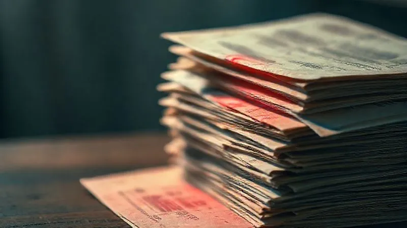 photorealistic, professional photography, 8K, cinematic lighting, sharp focus, depth of field, shot on a high-end DSLR. A detailed, slightly ominous close-up of a stack of old, worn paper bills and loan documents, with a glowing red 'interest' symbol subtly overlaid, casting a long shadow. The background is blurred, suggesting the overwhelming nature of accumulating debt. Emotional resonance: anxiety, burden.