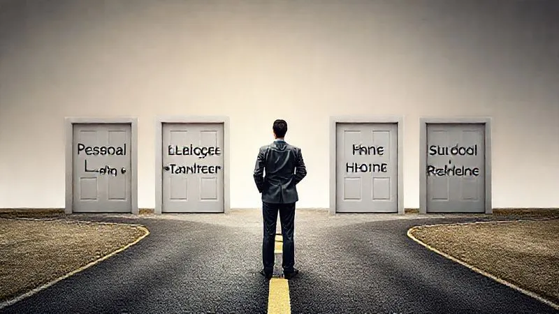photorealistic, professional photography, 8K, cinematic lighting, sharp focus, depth of field, shot on a high-end DSLR. A split image showing four distinct pathways or doors, each labeled with a financial concept: 'Personal Loan', 'Balance Transfer', 'Home Equity', 'Student Refinance'. A person in professional attire stands at a crossroads, contemplating which path to take, with a sense of thoughtful decision-making. Emotional resonance: choice, strategic planning.