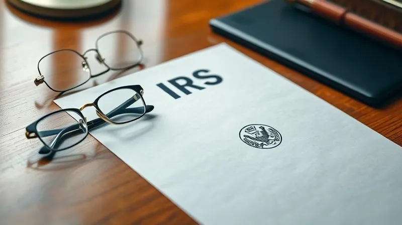 A photorealistic image of a sealed, official-looking IRS letter or notice on a polished wooden desk, with a pair of reading glasses nearby, emphasizing the serious and professional nature of tax communications. The lighting is crisp and clear, highlighting the official seal on the envelope. Professional photography, 8K, cinematic lighting, sharp focus, depth of field.