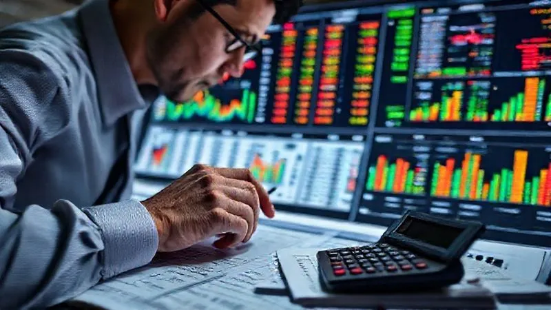 A photorealistic, professional photography, 8K, cinematic lighting, sharp focus, depth of field, shot on a high-end DSLR, image of a business professional meticulously analyzing complex spreadsheets and digital dashboards filled with multi-colored data points, representing sales figures and state tax rates. The scene conveys intense focus and the intricate process of quantifying financial exposure, with a calculator and state tax code manuals in the foreground.