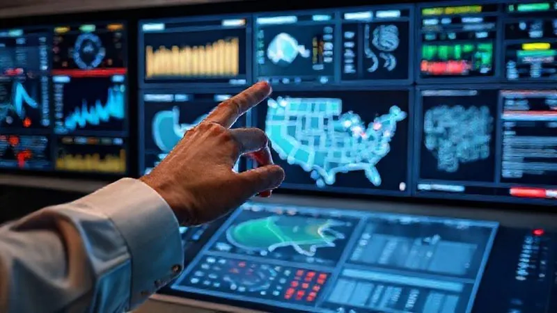 A photorealistic, professional photography, 8K, cinematic lighting, sharp focus, depth of field, shot on a high-end DSLR, image of a sleek, modern control panel with various digital screens displaying real-time data, charts, and maps of the United States, indicating active sales tax nexus points. A hand is interacting with a touchscreen, symbolizing automation and continuous monitoring. The scene evokes efficiency, control, and future-proof technology.