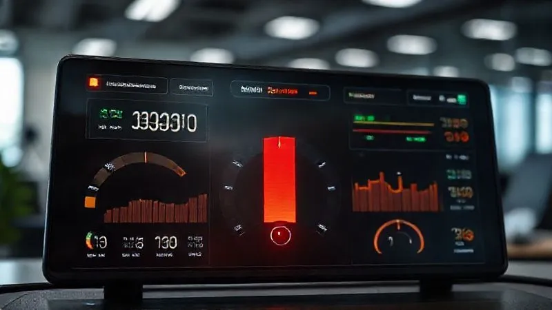 A photorealistic financial dashboard displaying key metrics like cash balance, net burn rate, and runway, with a prominent red warning indicator flashing. Professional photography, 8K, cinematic lighting, sharp focus on the dashboard, depth of field blurring a modern office background.