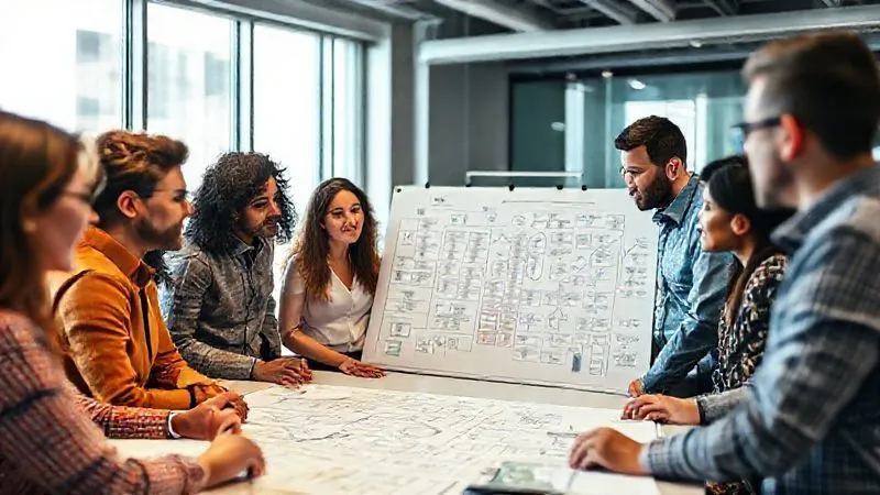 A photorealistic image of a diverse team in a modern, well-lit office, engaged in an intense brainstorming session around a whiteboard filled with flowcharts and strategic diagrams. They appear focused and determined, with a sense of shared purpose. Professional photography, 8K, cinematic lighting, sharp focus on the team, depth of field blurring the background.