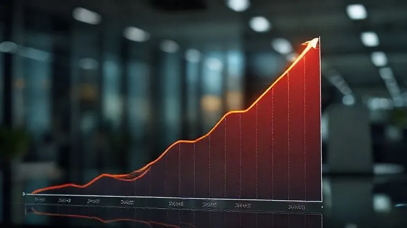 A photorealistic graph with an upward trend, showing a clear increase in revenue over time, with a spotlight on the most recent, sharp increase. Professional photography, 8K, cinematic lighting, sharp focus on the graph, depth of field blurring a business background.
