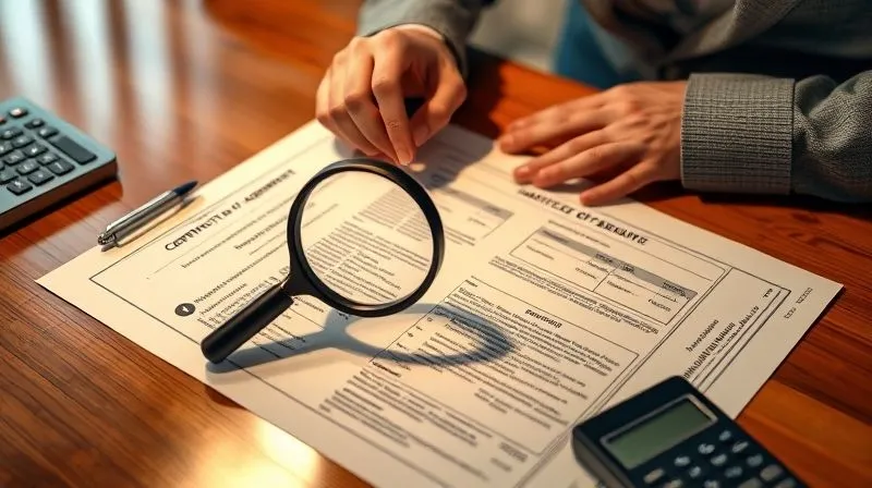 photorealistic, professional photography, 8K, cinematic lighting, sharp focus, depth of field, shot on a high-end DSLR, a person meticulously examining a detailed financial document, possibly a certificate of deposit agreement, with a magnifying glass. The document is spread on a polished wooden desk, surrounded by a few discreet financial tools like a pen and calculator. The lighting is focused on the document, highlighting the fine print, conveying diligence and careful review.