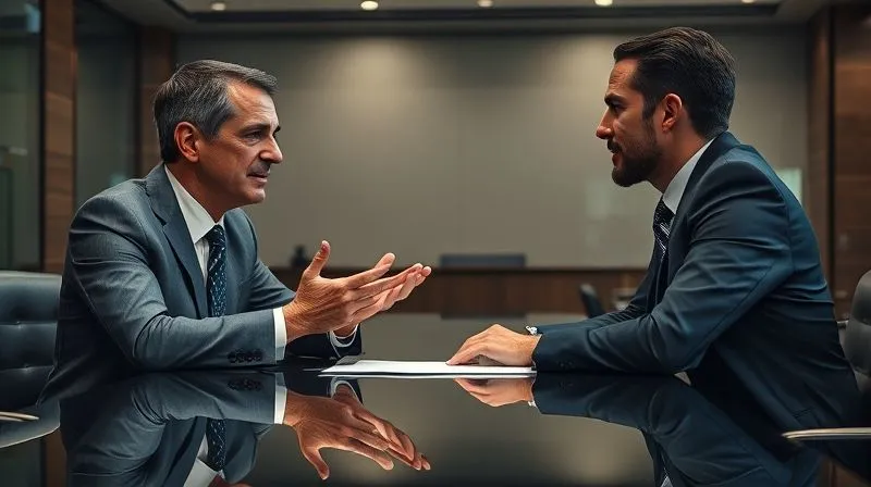 photorealistic, professional photography, 8K, cinematic lighting, sharp focus, depth of field, shot on a high-end DSLR, a professional financial advisor or banker engaged in a serious but friendly conversation with a client across a polished desk. Both are well-dressed, and the setting is a modern, discreet bank office. The client is gesturing slightly, indicating a point, while the advisor listens attentively, conveying a sense of negotiation and problem-solving.