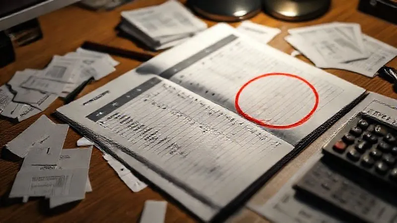 A photorealistic image of a detailed financial ledger open on a desk, with a red circle highlighting a specific entry, surrounded by scattered receipts and a calculator. The scene is lit with professional, focused lighting, emphasizing the act of error detection and correction. Sharp focus on the ledger, depth of field blurring the background, 8K, shot on a high-end DSLR.