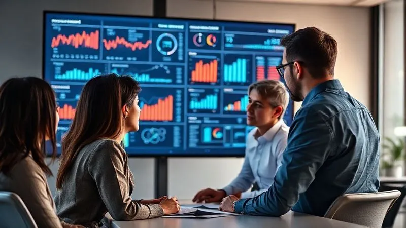 A photorealistic image of a diverse business team collaborating around a large monitor displaying financial dashboards and charts. The atmosphere is professional and proactive, with cinematic lighting highlighting their focused discussion. Sharp focus on the team and screen, depth of field blurring the office background, 8K, shot on a high-end DSLR.