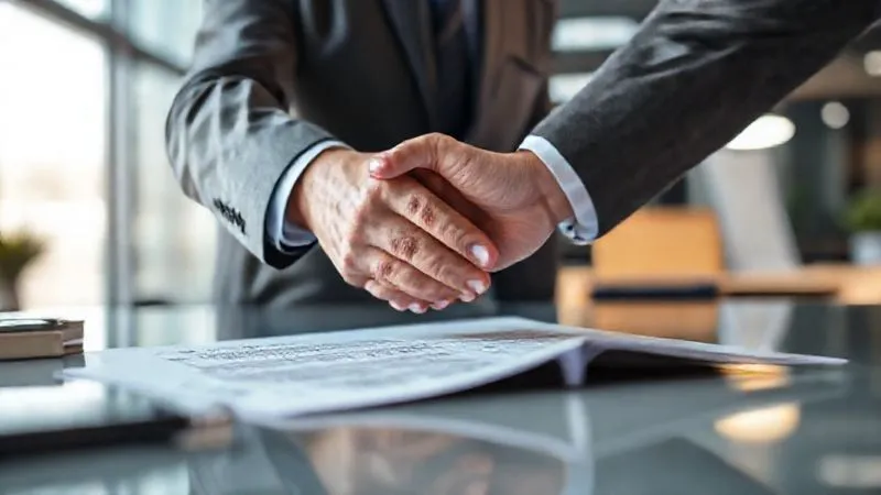 A photorealistic image of two hands shaking over a signed legal document, with a blurred background of a modern office, symbolizing a voluntary agreement and resolution, professional photography, 8K, cinematic lighting, sharp focus, depth of field.