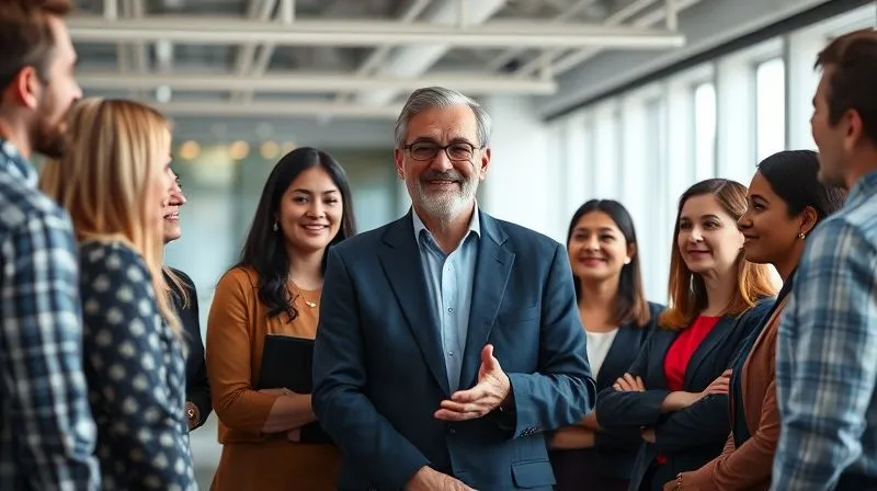 Photorealistic, professional photography, 8K, cinematic lighting, sharp focus, depth of field, shot on a high-end DSLR. A diverse team of employees gathered around a leader, who is speaking calmly and reassuringly, with an expression of empathy and determination. The setting is a modern, professional office, conveying open communication and trust during a challenging period.