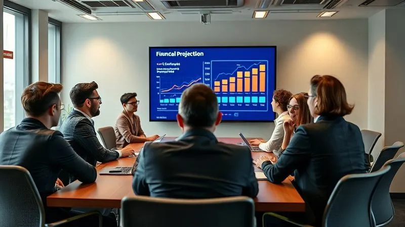 A photorealistic image of a diverse group of startup founders confidently presenting a financial projection to a panel of investors in a modern, well-lit board room. The atmosphere is professional and positive, with a clear focus on the presentation screen showing growth metrics. Professional photography, 8K, cinematic lighting, sharp focus on the presenters, depth of field blurring the background, shot on a high-end DSLR.