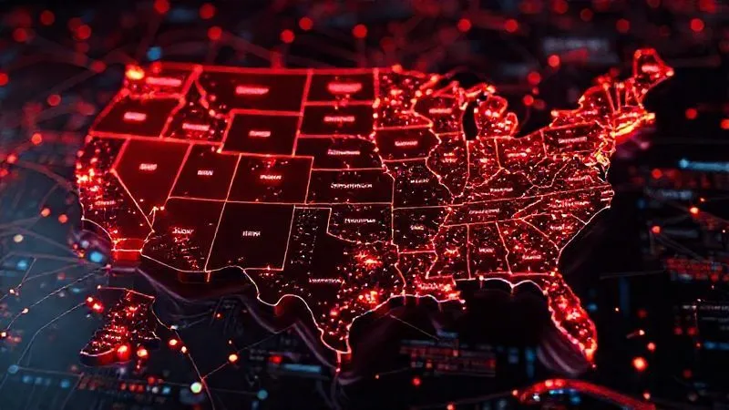 photorealistic, professional photography, 8K, cinematic lighting, sharp focus, depth of field, shot on a high-end DSLR. A complex, glowing 3D map of the United States, with specific states highlighted in red, representing areas where a company has established tax nexus due to remote employees. Interconnecting lines show data flow and legal implications. The overall image conveys complexity and the need for precision.